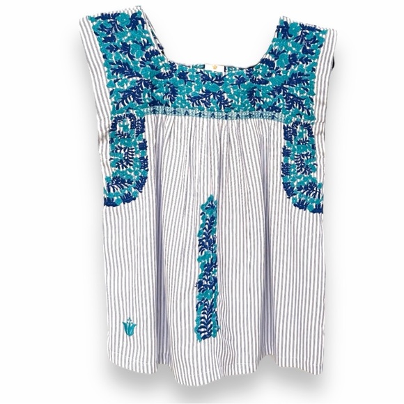 J. MARIE Blue Pinstripe Floral Embroidered Top Sleeveless Size Large - Picture 2 of 7